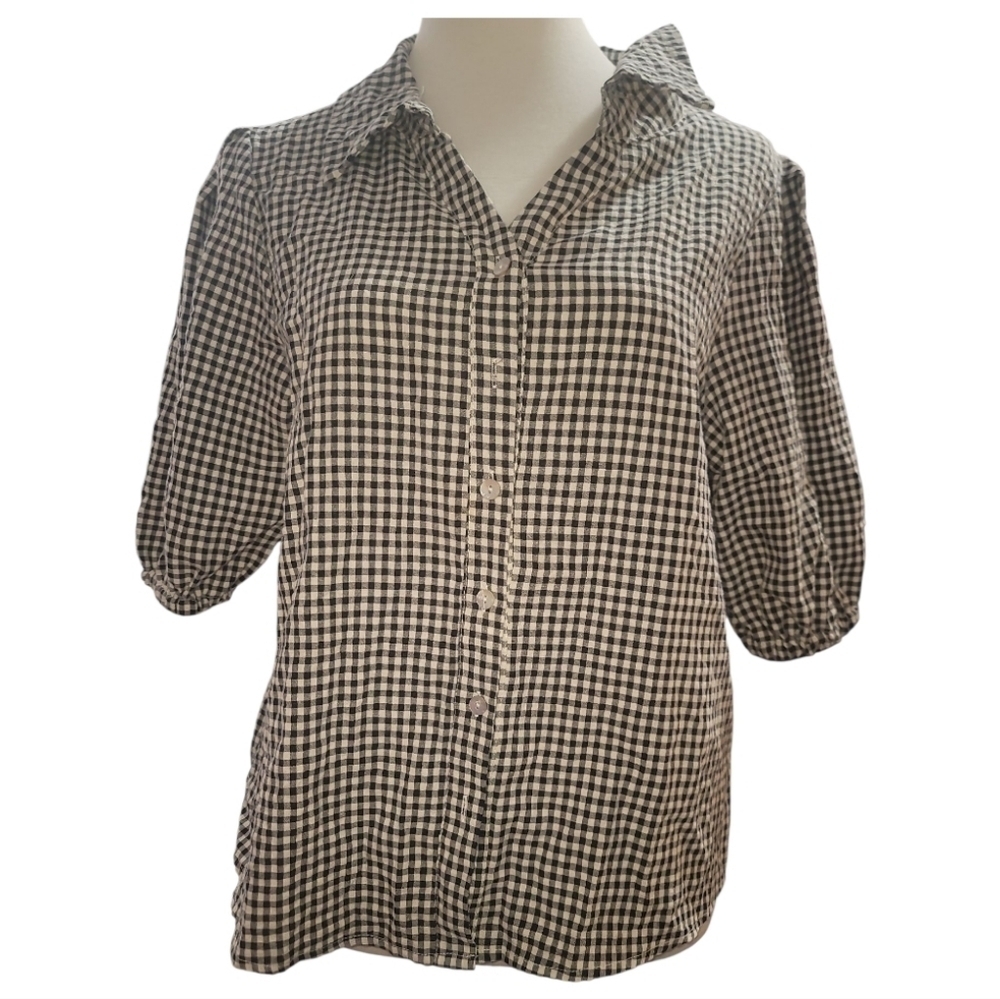 Heroes and Dreamers black white gingham checkered button front blouse top small